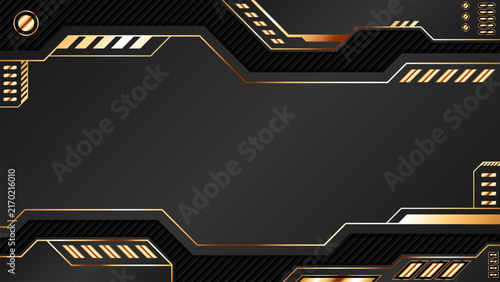 Luxury dark and gold gaming interface banner with futuristic frame elements and copy space