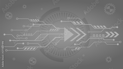Monochrome futuristic technology background with circuit lines, HUD elements, and directional arrows