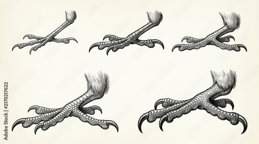 Fototapeta premium Professional Black and White of Detailed Clawed Limbs and Feet with Textured Skin Patterns with high quality professional line art symbols for modern creative design and digital branding projects