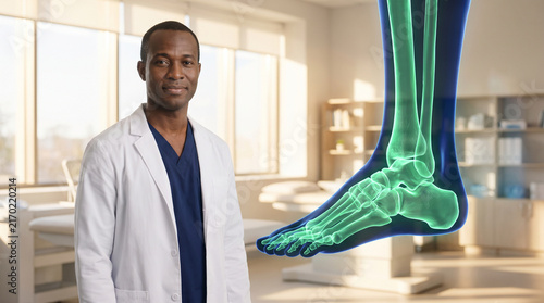 Black male doctor orthopedic specialist posing next to a 3D glowing green digital X-ray scan of human foot and ankle skeletal anatomy in clinic