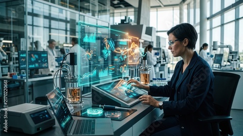 Innovative Scientist Analyzing Complex Molecular Data In A Futuristic High-Tech Laboratory