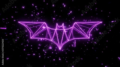 Premium 4K Digital Neon Wireframe Bat Silhouette Pulsing with Glitch Effects on Black Space Seamless Loop