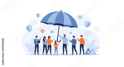 Diverse Group of People Protected Under a Large Umbrella, Symbolizing Security, Safety, and Insurance