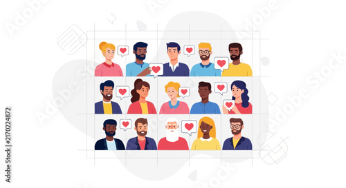 Diverse group of people sending love and support through digital communication, flat vector illustration
