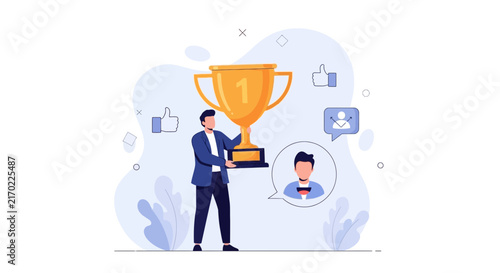 Man Holding Golden Trophy with Social Media Icons, Representing Success, Achievement, and Online Popularity