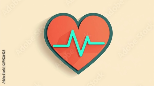 Red 3D Heart with Turquoise ECG Waveform on Beige Background