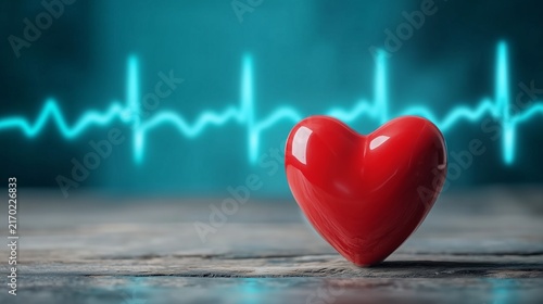 Red Heart Symbol with Glowing ECG Pulse Line on Teal Medical Background