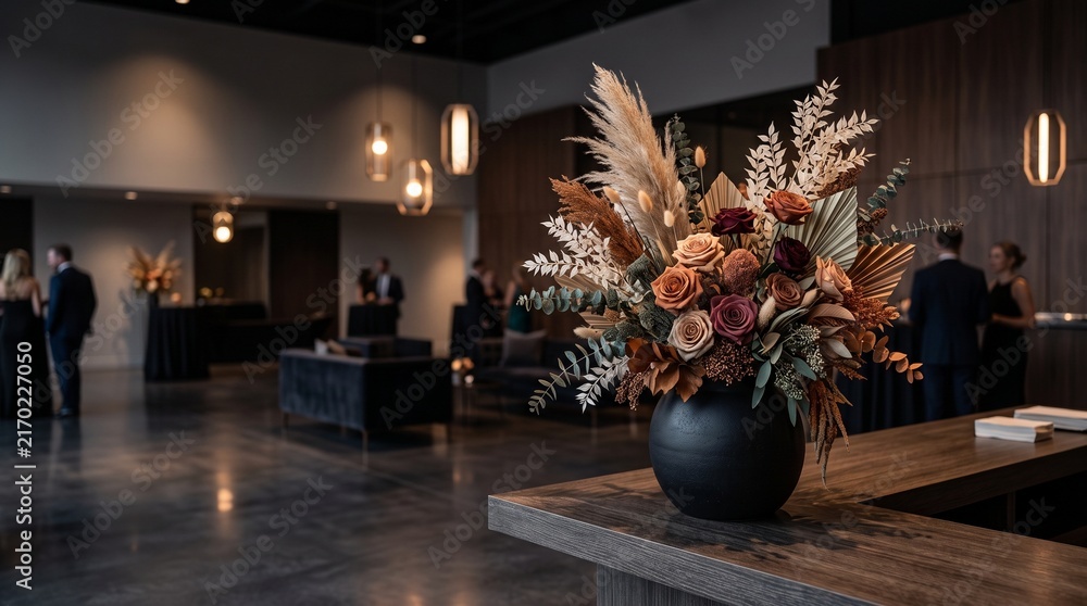 Fototapeta premium Elegant Floral Arrangement at a Sophisticated Indoor Event with Guests Mingling