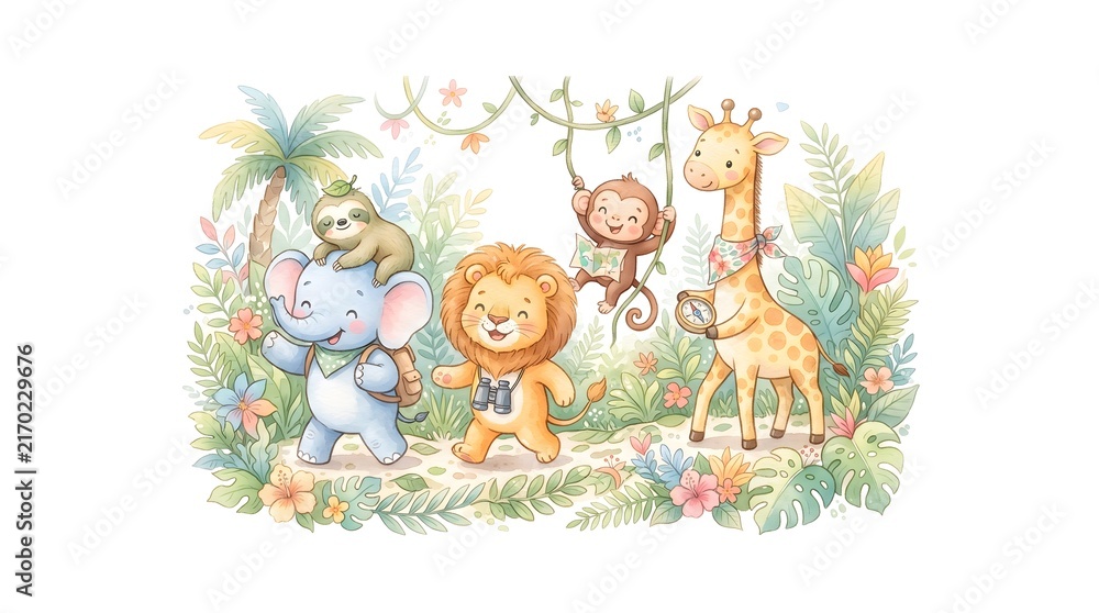 Fototapeta premium A cheerful watercolor illustration of jungle animals gathered together in a lively tropical setting, perfect for children’s themes.