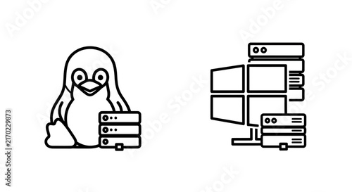 Obraz na płótnie Linux operating system penguin mascot and server rack management icons