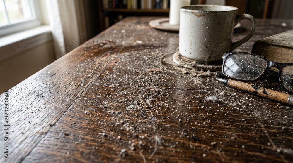 Fototapeta premium Dust was scattered about, settling on the table.