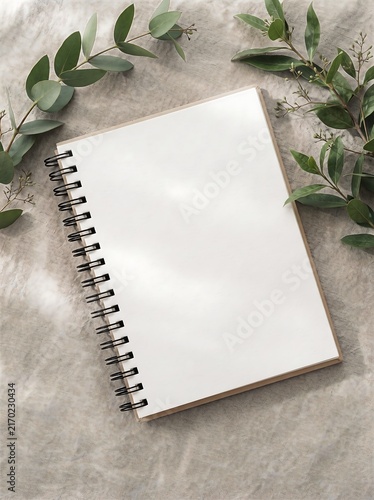 Minimalist composition of a blank white spiral notebook and fresh green eucalyptus branches on a neutral fabric background