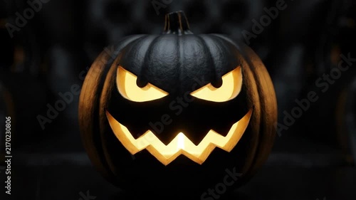 Menacing Premium 4K Seamless Loop Glowing Black Jack-o'-Lantern Flickering in a Dark Cinematic Atmosphere