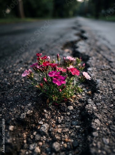 Pink Wildflowers Blooming Through Crack in Asphalt Road Symbolizing Resilience and Nature Power