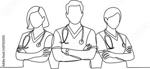 A simple continuous line drawing featuring a medical team of three professionals including doctors and nurses standing together with their arms crossed.