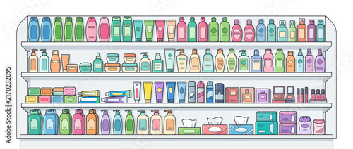 Cosmetic Products Displayed on Shelves, Isolated