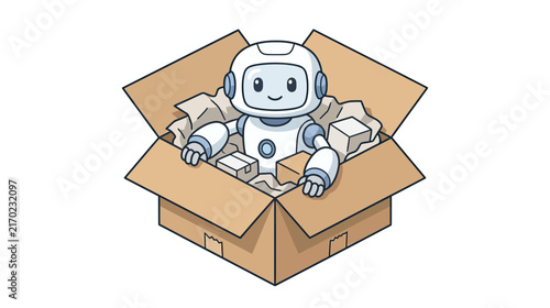 Cute robot character in a cardboard delivery box