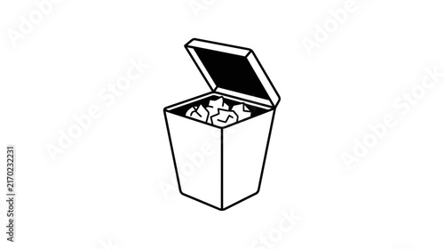 Isolated minimalist outline drawing of a trash can with crumpled paper