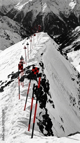 Alpine Ridge Marked For Skiing Safety Against Majestic Mountain Backdrop