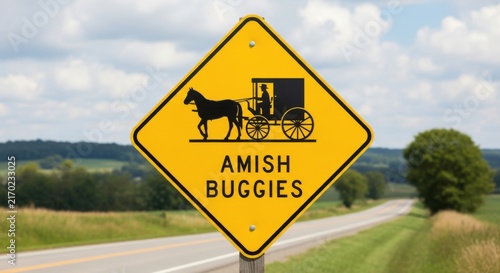 Amish Buggies Road Warning Sign In Rural Landscape