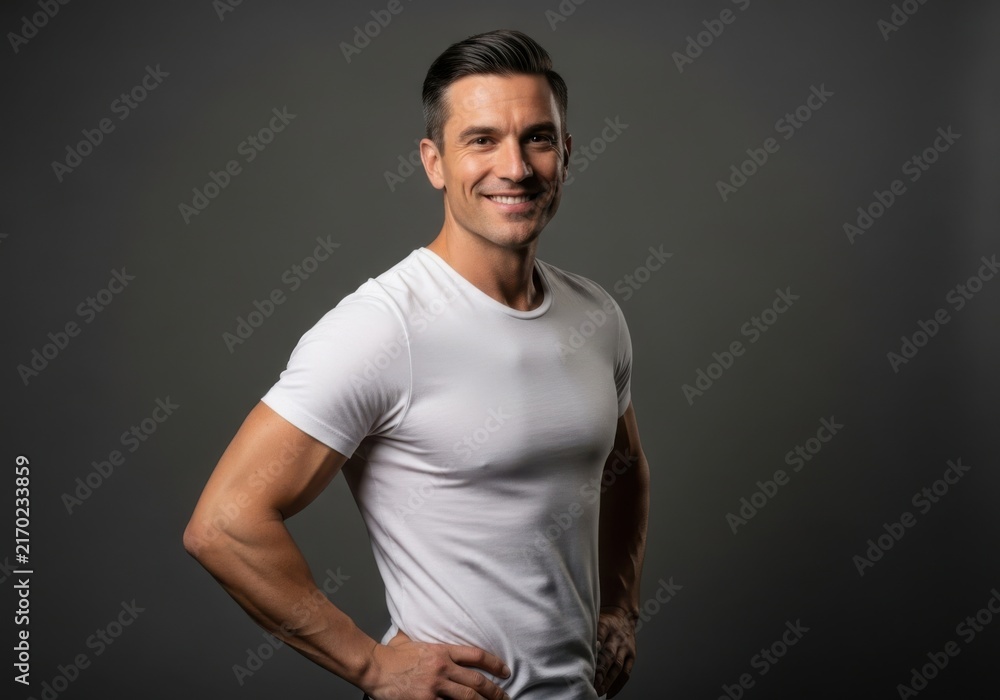 Obraz premium Portrait of a fit smiling man in a white tshirt against a grey background