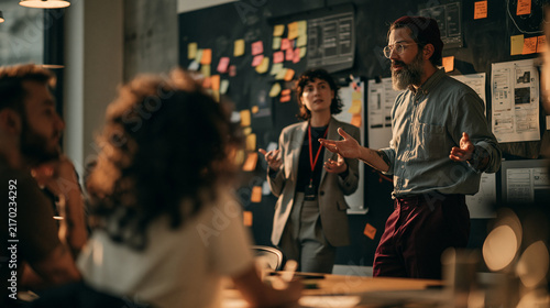 Brainstorming Session: A diverse group of professionals engage in an intense brainstorming session.