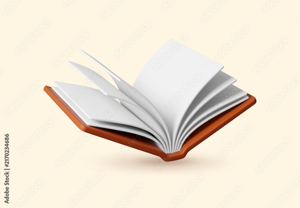 Naklejka premium 3d opened book with hardcover, bestseller and school textbook mockup for library reading, study, literature education bestseller for reader festival or fair. Open fairytale or verses with white sheets