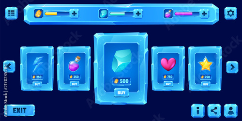 Game shop ice crystal interface window and icons, frozen loading bars, icy store panel ui, sale board frame, buttons, navigation controls and purchase cards. Fantasy cartoon GUI assets for mobile game