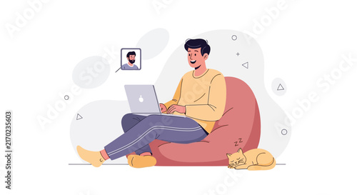 Modern Flat Illustration of a Person Working Remotely on a Laptop with a Sleeping Cat and Video Call