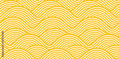 Asian wavy ramen noodles in seamless pattern or yellow Italian pasta spaghetti texture background. Noodles pattern with wave lines of Chinese or Japanese udon and Italian pasta spaghetti vermicelli