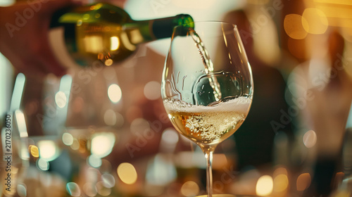Pouring White Wine Into Elegant Glass During Celebration Dinner With Warm Lighting