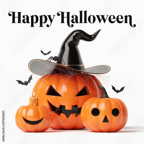 Festive Halloween Pumpkins with Black Hat and Spider Webs for Holiday Celebrations