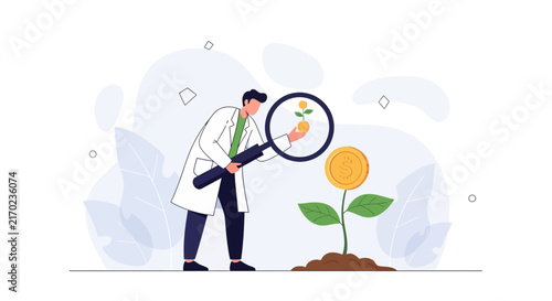 Scientist Examines Growing Money Plant with Magnifying Glass, symbolizing financial growth and investment analysis
