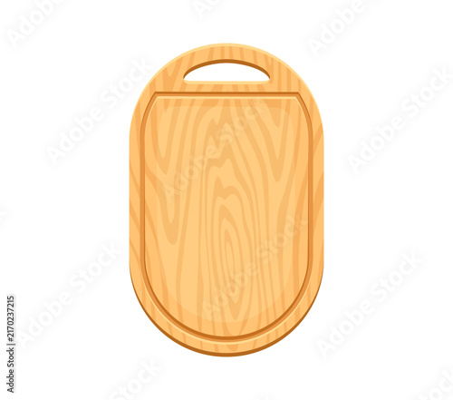 Wooden kitchen cutting board with rounded rectangular shape and natural wood grain texture. Empty chopping board on white background for food presentation, cooking books and recipe layouts