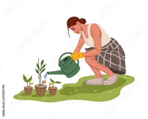 Female gardener and farmer character kneels on grass watering potted plants with a green watering can wearing gloves, conveying care, patience and home gardening activity with seedlings and small pots
