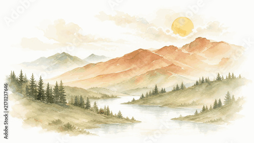 Natural Peaceful Mountains and River isolated watercolor vector illustration svg