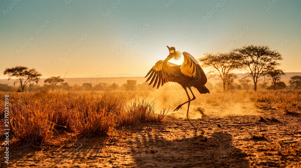 Naklejka premium Golden crane dances majestically across the vast African savanna at sunset.