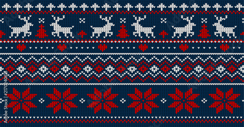 Knitted Christmas pattern with reindeer and snowflakes on blue