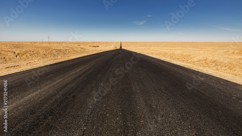 Konstfotografi A straight, empty asphalt road stretches far into the horizon across a vast, arid desert under a clear blue sky