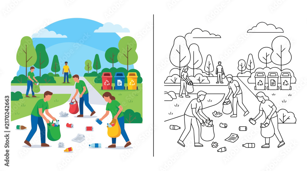 Naklejka premium Volunteers Cleaning Park, Recycling Bins, Environmental Protection