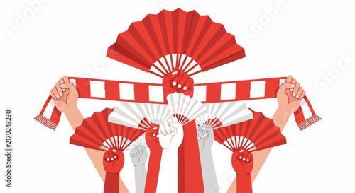 A group of stylized fan hands holding a long scarf upward, symbolizing victory and unity, symmetrical composition, limited palette of red and white, minimalist flat vector artwork, clipart