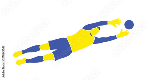 Stylized goalkeeper silhouette diving horizontally to catch an invisible ball, extreme stretch, athletic tension, palette of bright yellow and royal blue, minimalist flat vector artwork, clipart