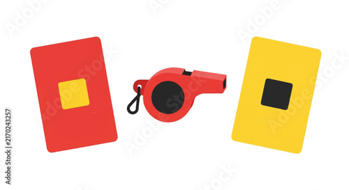 Flat icon set of a professional referee whistle and two penalty cards, perfect symmetry, isolated on white, palette of red, yellow, and black, minimalist flat vector artwork, clipart style,