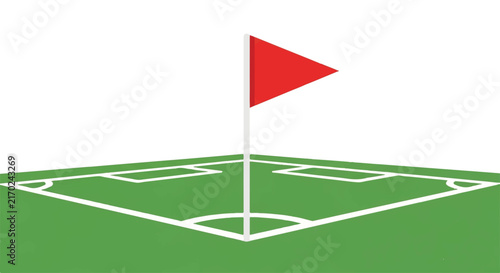 Perspective view of a soccer pitch corner with a flag and white boundary lines, simple geometric composition, palette of grass green and bright red, minimalist flat vector artwork, clipart