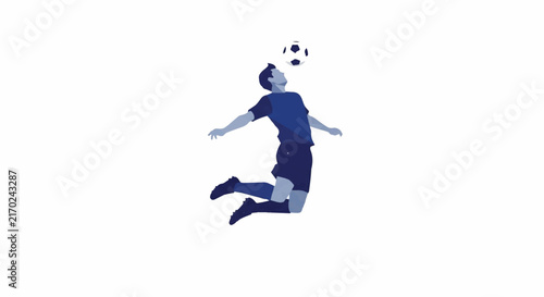 Minimalist silhouette of a soccer player jumping high in the air to perform a header, dynamic athletic pose, navy blue and white color palette, sharp geometric shapes, minimalist flat vector