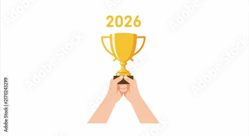 Two hands raising a minimalist gold champion trophy cup against a white background, symbolizing victory and triumph in 2026, sharp solid shapes, minimalist flat vector artwork, clipart style,