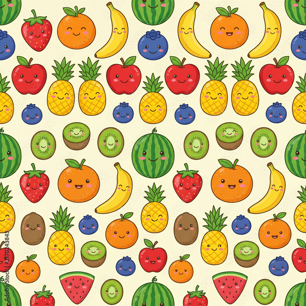 Fototapeta premium Cute Colorful Seamless Fruit Pattern with Strawberry, Orange, Banana, Pineapple, Watermelon, Blueberry and Kiwi for Summer Fabric Design