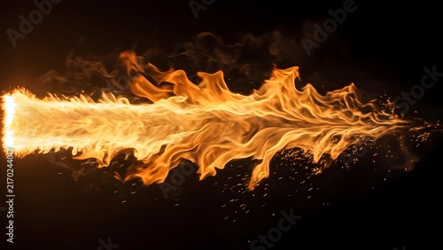 A vibrant flame stream with glowing embers against a dark background