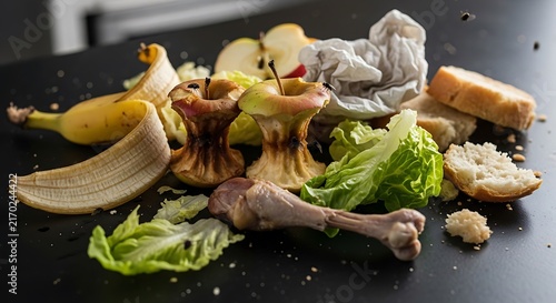 Assorted food waste including fruit peels bones and lettuce on black surface