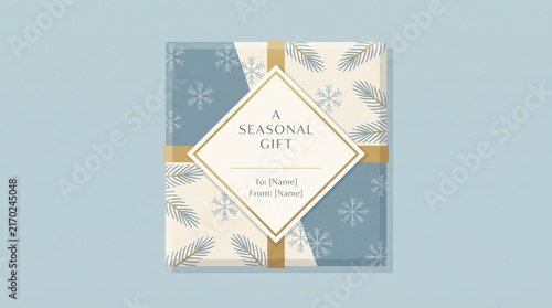 Elegant Christmas Gift Box with Pine Needles and Snowflakes, Ready for Your Seasonal Message
